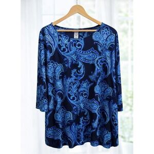 Catherines Tunic Top Womens 1X Black Blue Popover Blouse Stretch Flowy